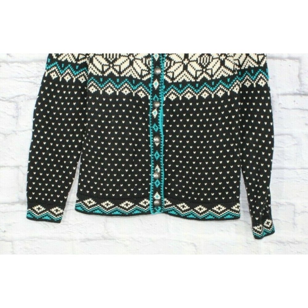 LL Bean Black Snowflakes Fair Cotton Button Down Nordic Sweater Size S - Picture 3 of 9